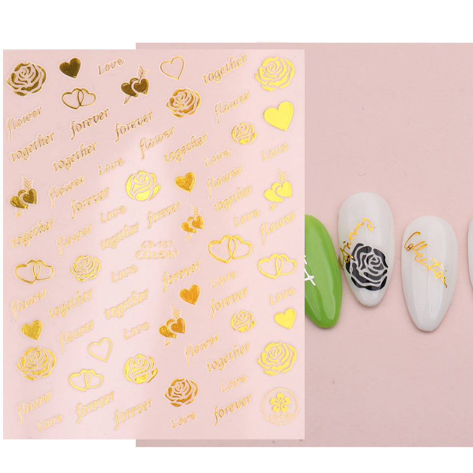 VAL012  New nail art stickers ins Valentine's Day love rose flower English letters gold and silver black back glue nail stickers