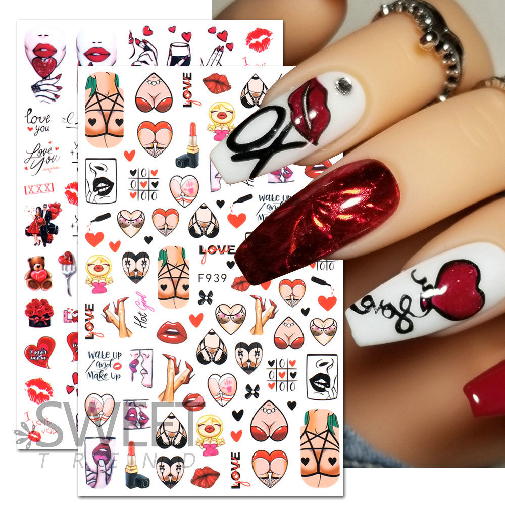 VAL019 Valentine's Day Nail Art Stickers Wholesale Ins Hot Style Red Lips Sexy Heart LOVE Cartoon Bear Nail Decal