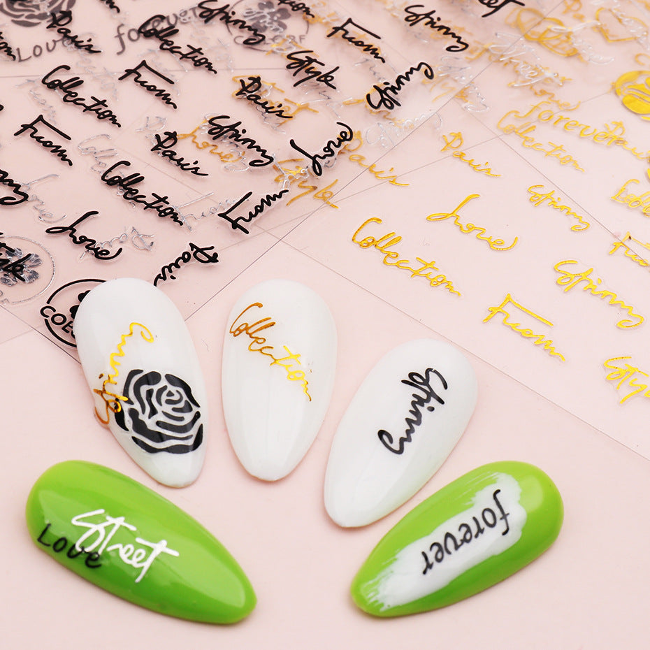 VAL012  New nail art stickers ins Valentine's Day love rose flower English letters gold and silver black back glue nail stickers