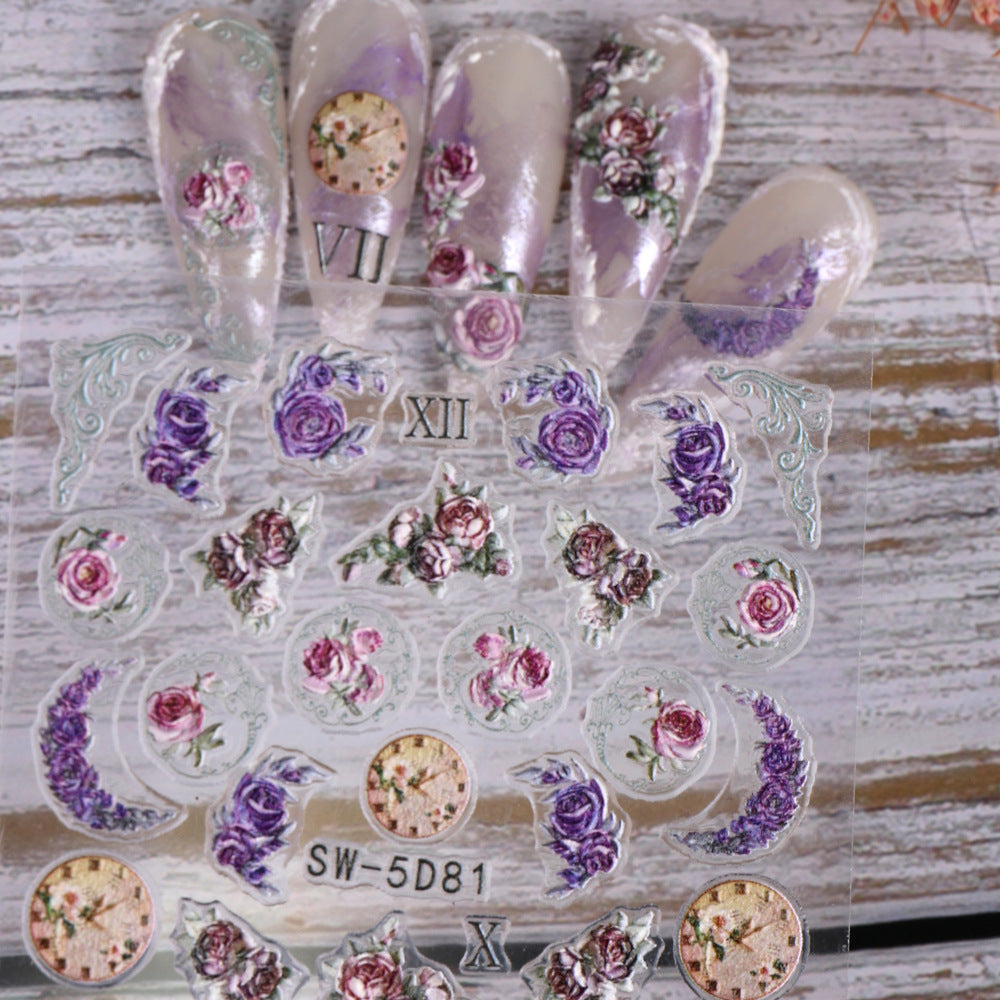 VAL004  Spring manicure stickers wholesale ins retro 5D embossed flowers, grass, roses, birds, clock nail decals