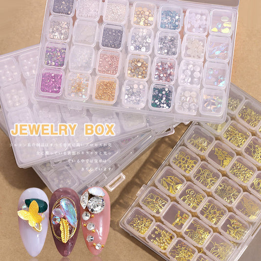 FDMD006 Assortment of 28 Nail Art Accessories, Pearl Rivets, Steel Beads, Shells, Gold and Silver Foil, Nail Shop Jewelry Box