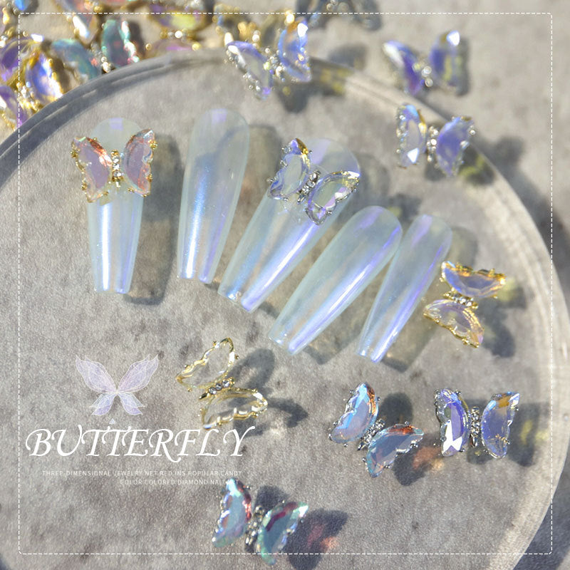 FDMD008 Nail Art Butterfly Accessories, Ice Transparent Aurora Metal Nails Three-dimensional Crystal Butterfly Nail Art Diamonds