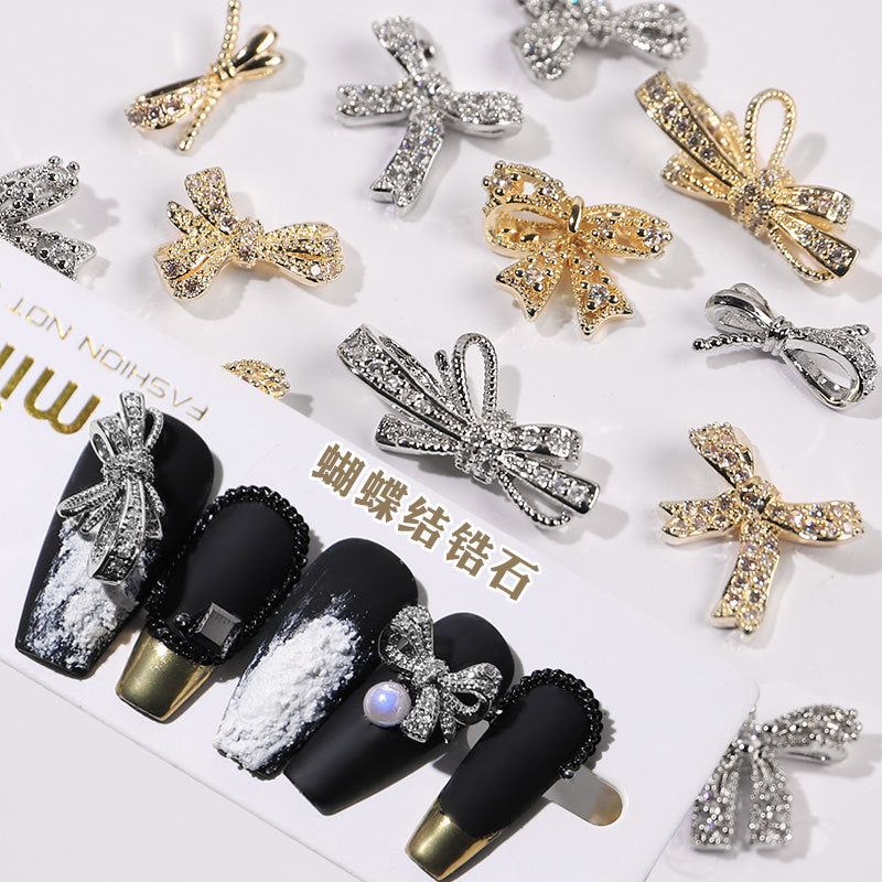 FDMD007 Popular Nail Art Diamond Bow Three-dimensional Metal Gold Luxury Super Flash Nail Jewelry Bow