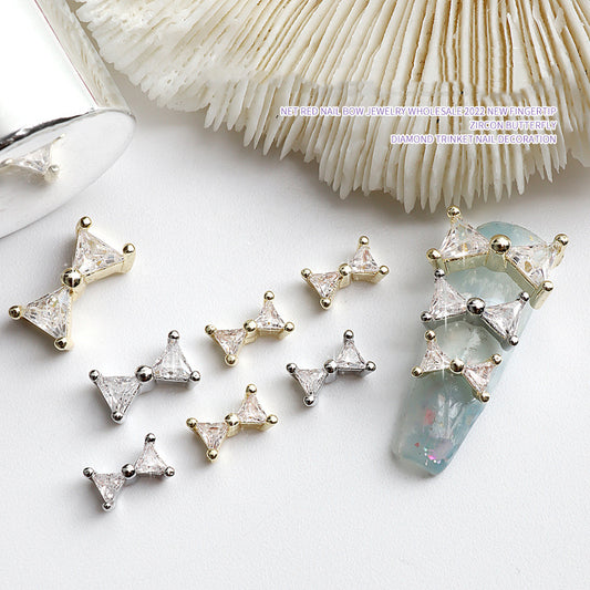 NZJ045  Luxury Rhinestones Gems Butterfly Bow Tie Silver Zircon Metal Alloy 3D Nail Charms
