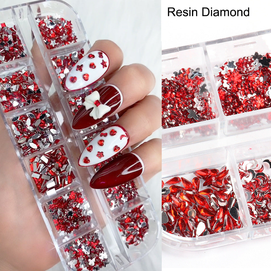NRS018  ForLife Hot sale 12 grid shaped resin red pink rhinestone glass flat nail art rhinestone decoration