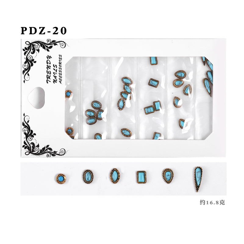 NDE008  ForLife 6 Grid Pack Flatback Nail Art Crystal Rhinestones Decorations 3d Alloy Retro Nail Accessories