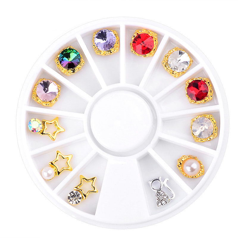 NAW007 Hollow Gold Metal 3d Nail Art Decorations Wheel Star rhinestones Design DIY Sharp Tips Nail Decoration tools