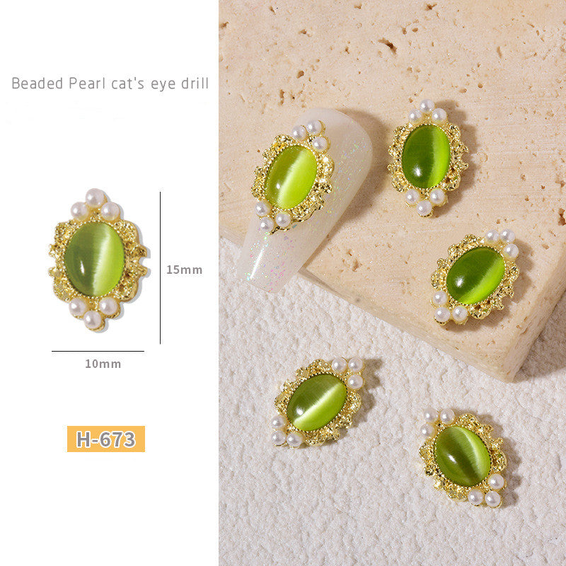 NZJ046  1pcs Cat Eyes Retro Alloy Nail Art Jewelry with Pearls 3D Opal Cat Eye Nail Stones Holographic DIY UV Gel Manicure Decorations