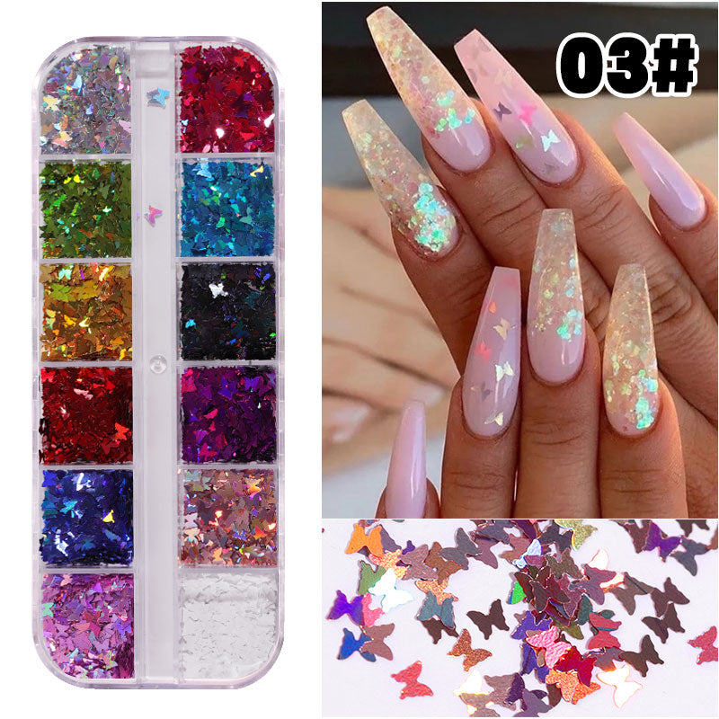 NDE021  ForLife 12colors/set Fluorescence Butterfly Shapes Nail Art Glitter Flakes 3D colourful Sequins Polish Manicure decoration
