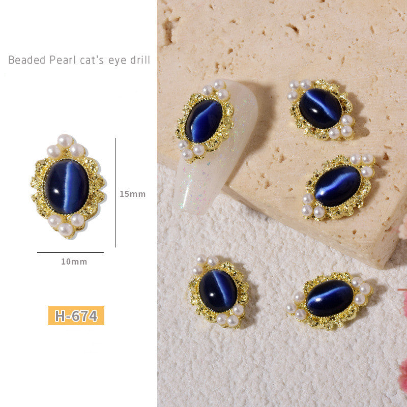 NZJ046  1pcs Cat Eyes Retro Alloy Nail Art Jewelry with Pearls 3D Opal Cat Eye Nail Stones Holographic DIY UV Gel Manicure Decorations