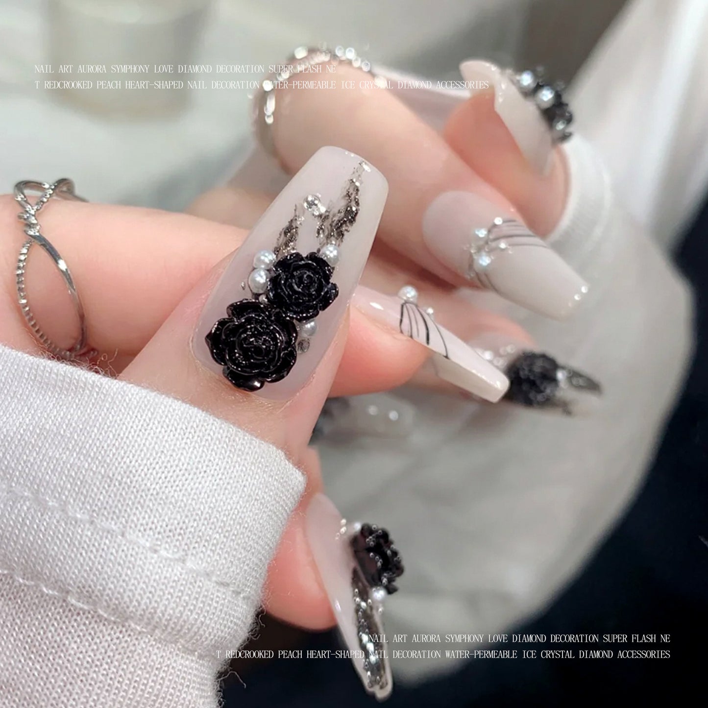 NZJ024   1 Box Rose Flower Black Little Magic Box Set Nail Art Decoration Camellia Pearl Bow Knot Mixed 3D Fingernail DIY Accessories