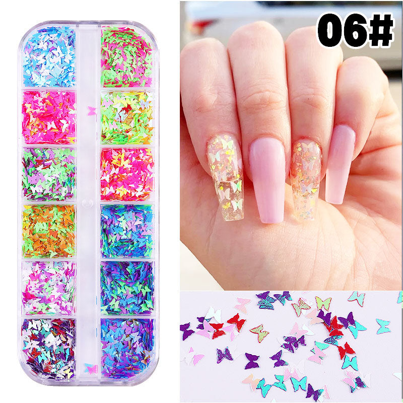 NDE021  ForLife 12colors/set Fluorescence Butterfly Shapes Nail Art Glitter Flakes 3D colourful Sequins Polish Manicure decoration