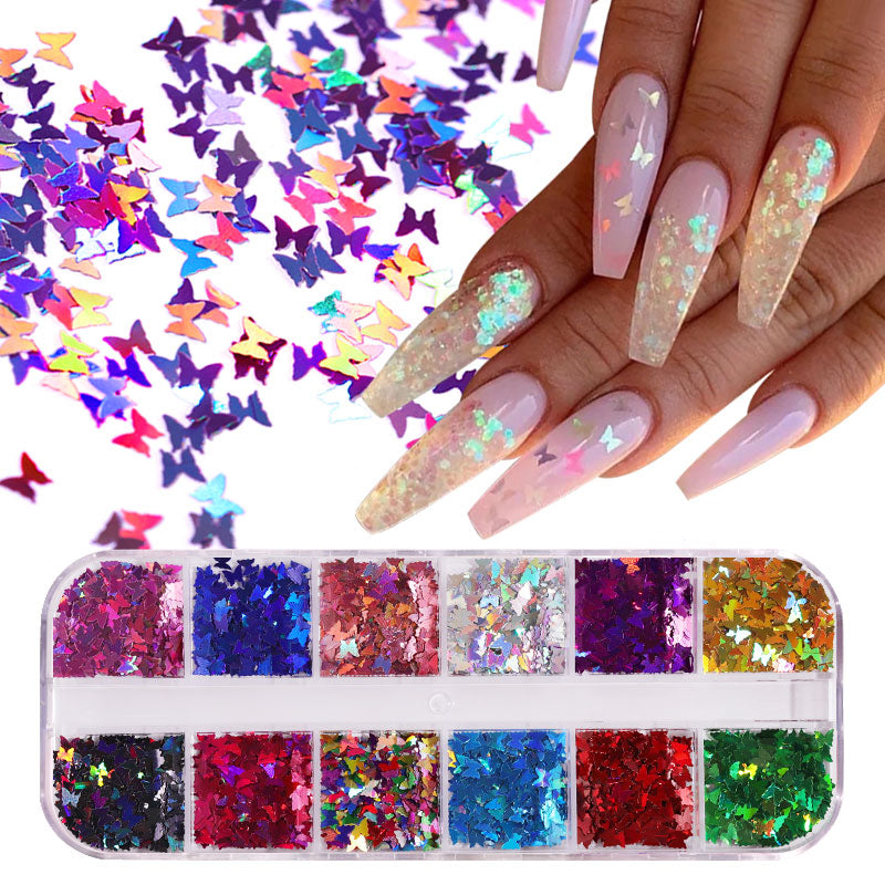 NDE021  ForLife 12colors/set Fluorescence Butterfly Shapes Nail Art Glitter Flakes 3D colourful Sequins Polish Manicure decoration