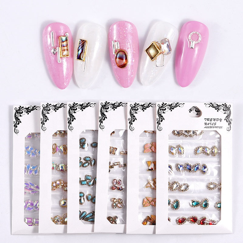 NDE008  ForLife 6 Grid Pack Flatback Nail Art Crystal Rhinestones Decorations 3d Alloy Retro Nail Accessories