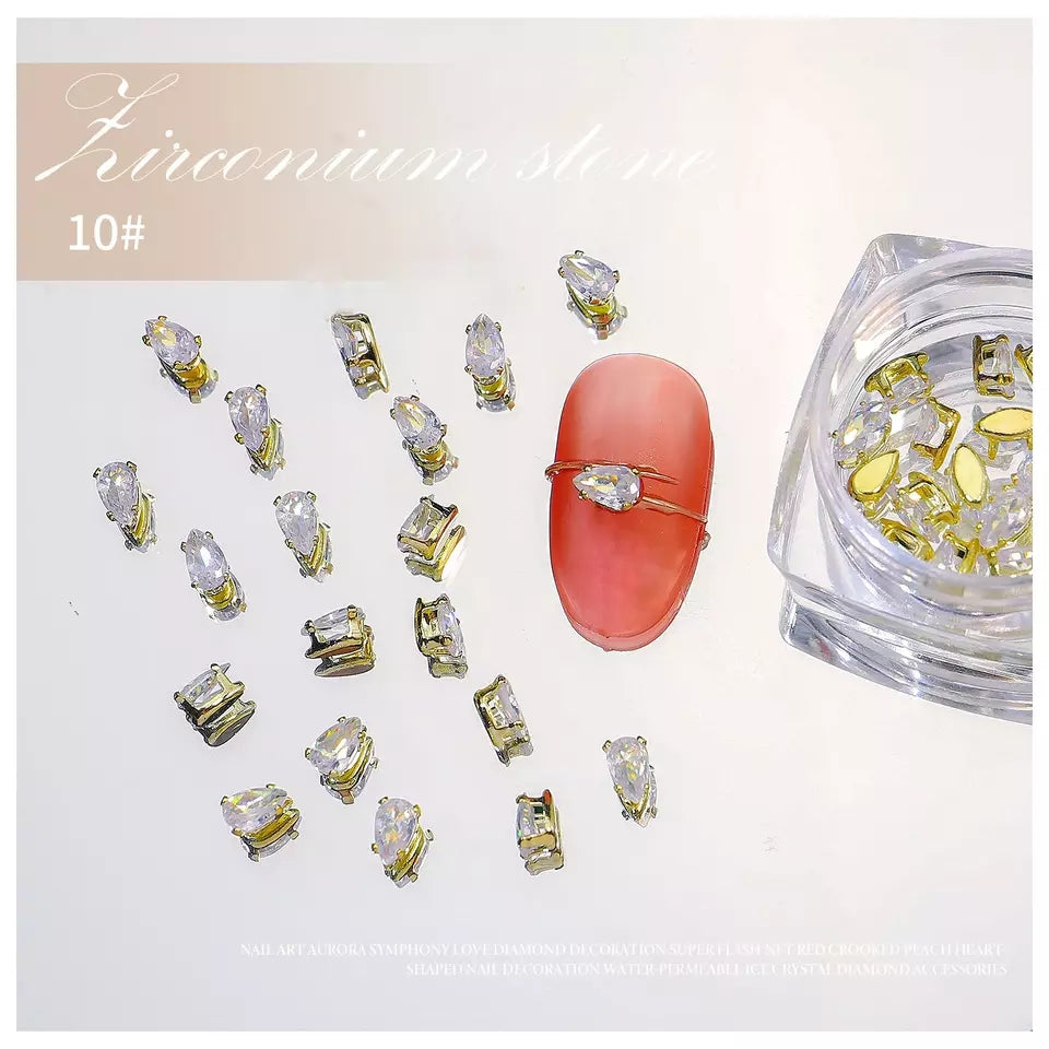 NZJ028  10pcs/box Mini Zircon Claw Nail diamond Art Decoration Gold Silver Gem Nail Jewelry Horse Eyes Water Drop Shaped Deisgn Charms