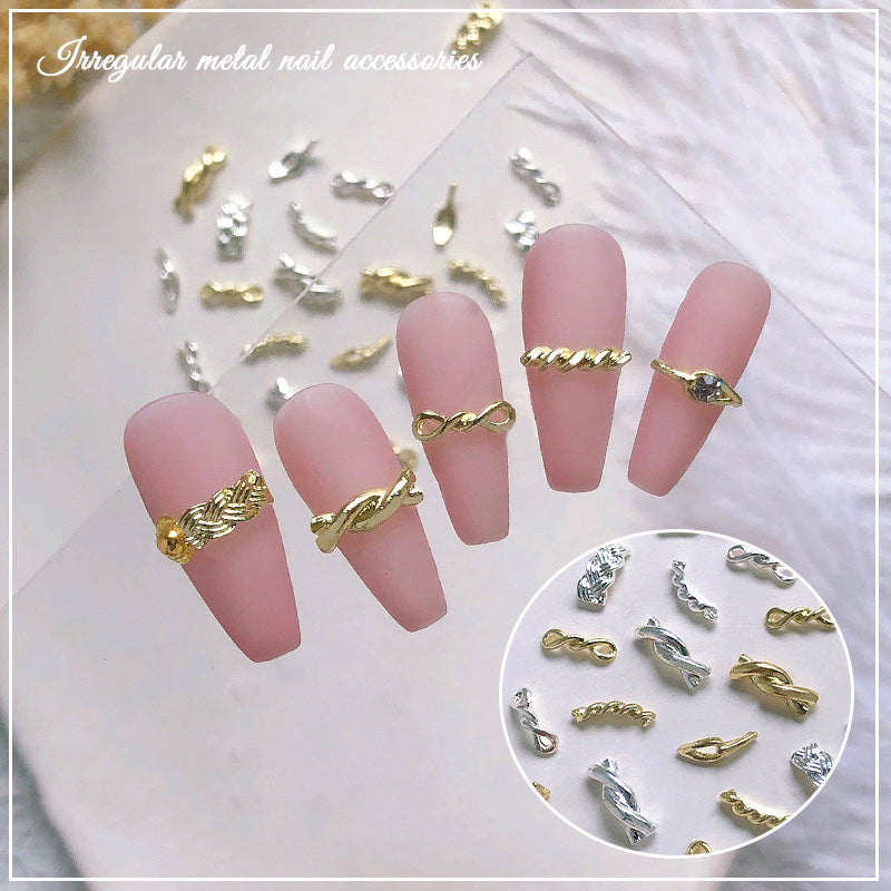 NZJ011 20Pcs/bag Braided Twist Rope Metal Nail Art Jewelry Hollow Rope Knot Zircon Jewelry Alloy Nail Art Decorations