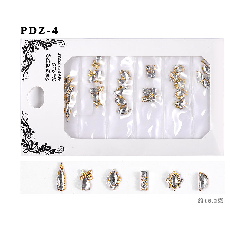 NDE008  ForLife 6 Grid Pack Flatback Nail Art Crystal Rhinestones Decorations 3d Alloy Retro Nail Accessories
