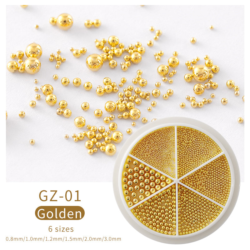 NAW004  Mixed Sizes Gold Sliver Rose Steel Caviar Beads Nail Studs 3D Metal Nail Art Decorations Wheel Manicure Tools
