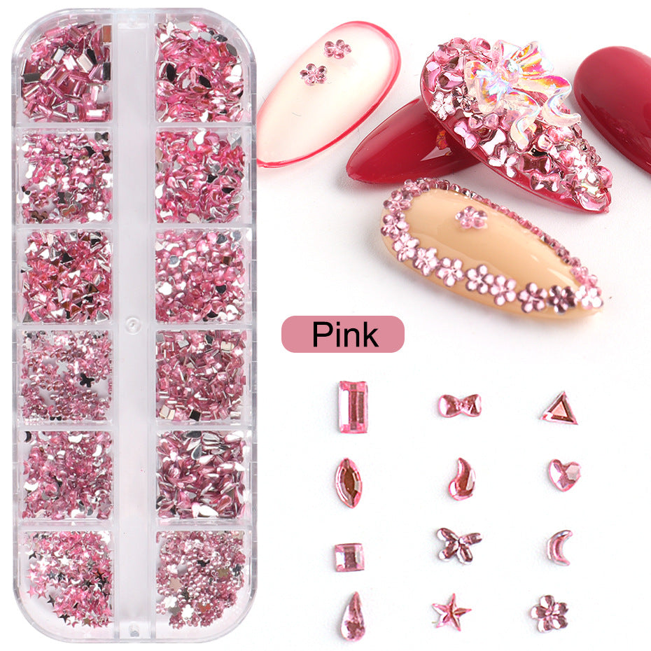 NRS018  ForLife Hot sale 12 grid shaped resin red pink rhinestone glass flat nail art rhinestone decoration