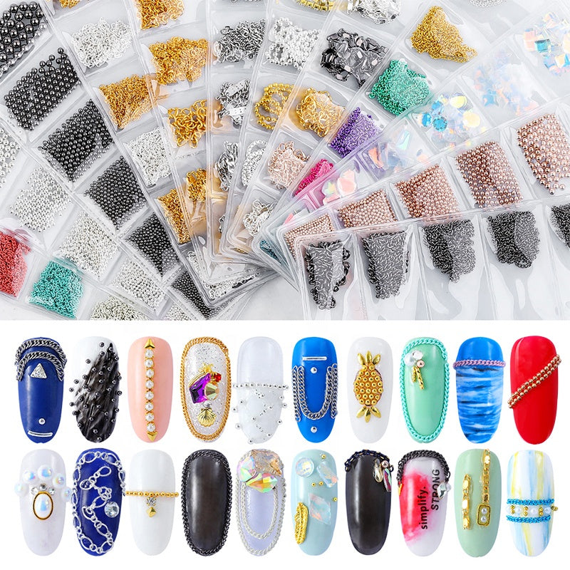 NDE003  ForLife Gold Silver Punk Metal Nail Art Chain DIY Steel Ball Decorations Pearl 3D Nail Jewelry Accessories