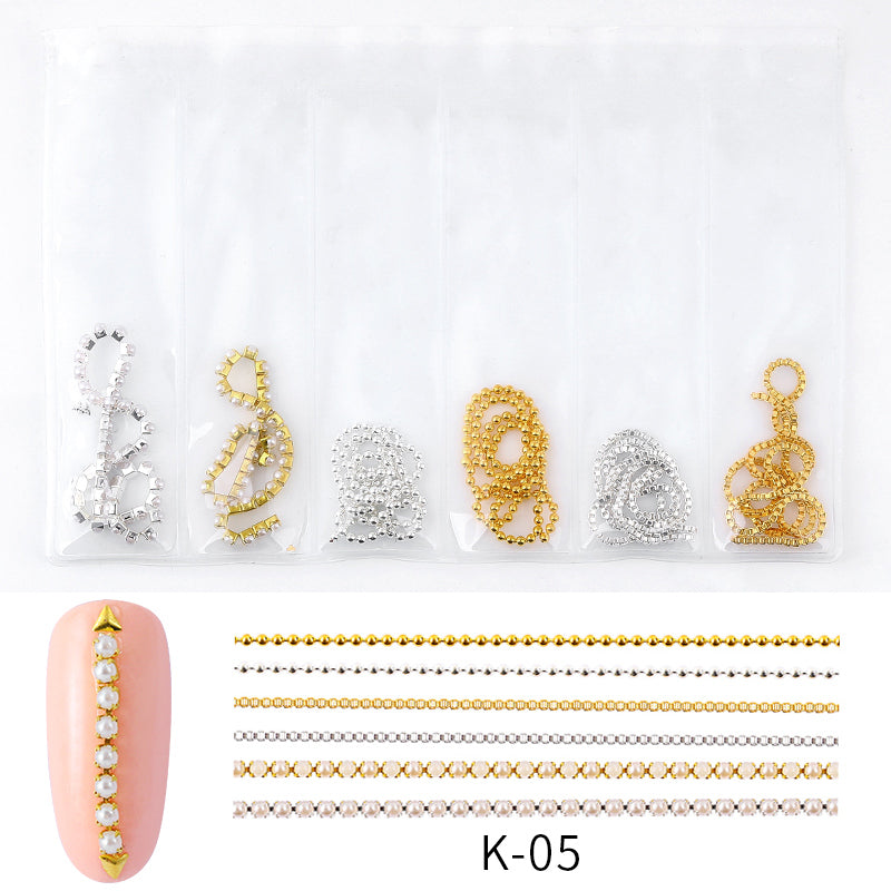 NDE003  ForLife Gold Silver Punk Metal Nail Art Chain DIY Steel Ball Decorations Pearl 3D Nail Jewelry Accessories