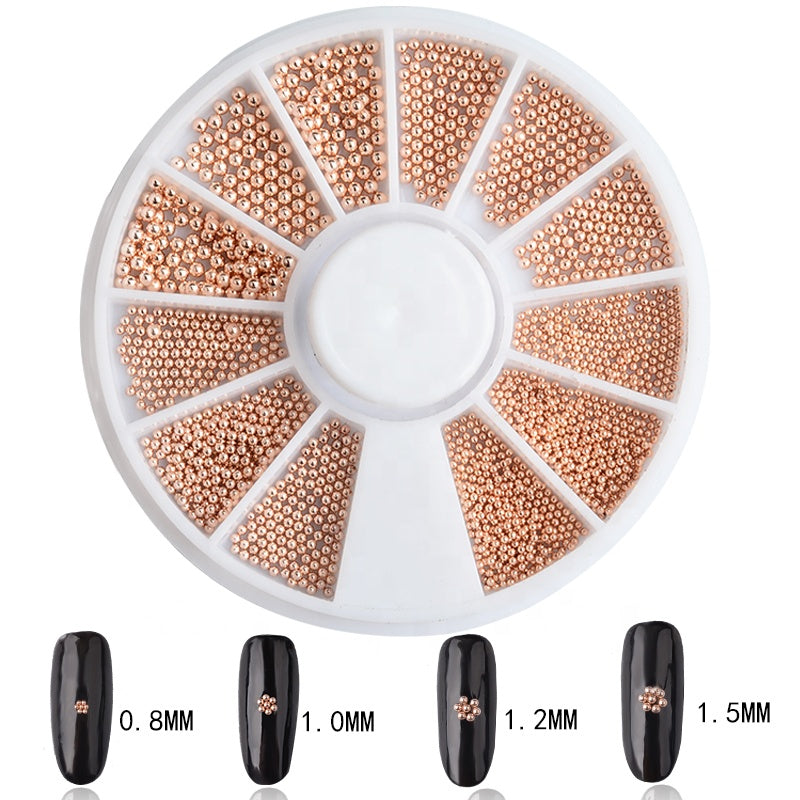 NAW005  Mixed Sizes Gold Sliver Rose Steel Caviar Beads Nail Studs 3D Metal Nail Art Decorations Wheel Manicure Tools