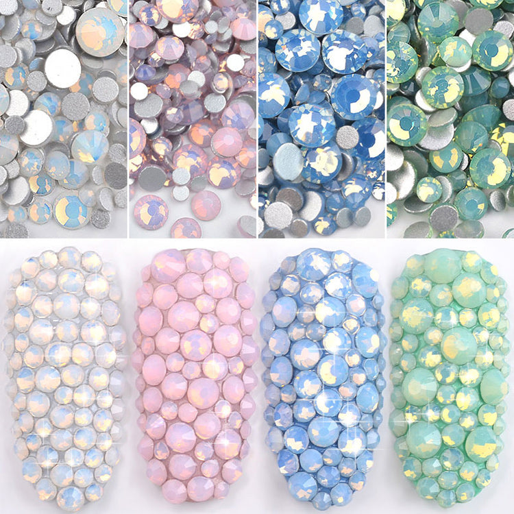NRS012  Mix SS4-SS20 Pink Blue Green Opal Rhinestones Flat Bottom Colorful Crystal Glass DIY UV Gel 3D Nail Art Decorations