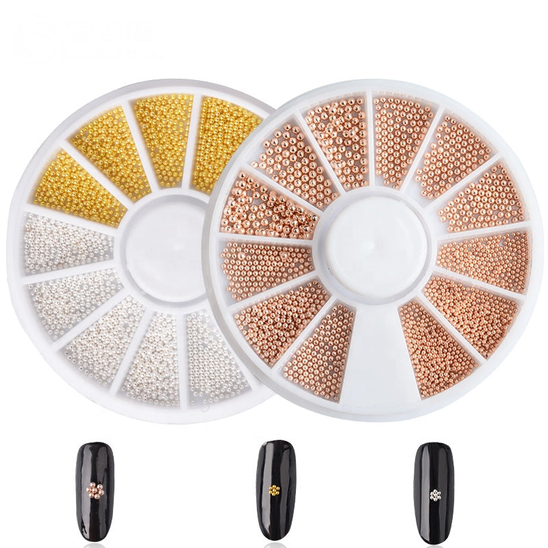 NAW005  Mixed Sizes Gold Sliver Rose Steel Caviar Beads Nail Studs 3D Metal Nail Art Decorations Wheel Manicure Tools