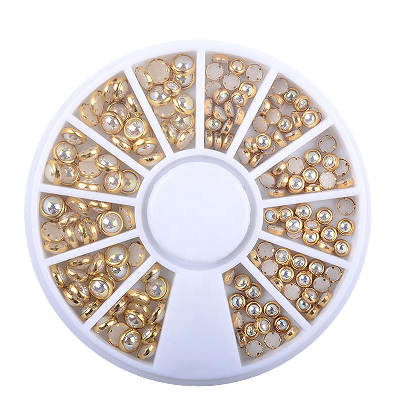 NAW024 1 Box AB Beige Color Metal Edge Glitter Nail Art Beads Pearls Wheel Manicure Decorations
