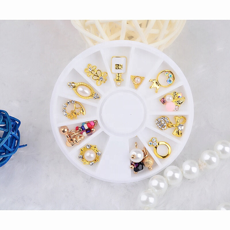 NAW025  3d Pendant Charm Pearl Alloy Nail Art Rhinestone Decoration Wheel DIY Beauty Nail Jewelry Decorations