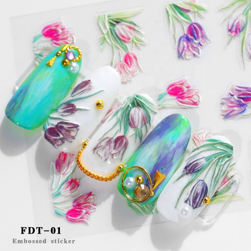NS5D012   ForLife 2019 New Design 5D Embossed Charm Flowers Nail Art Stickers Decorations
