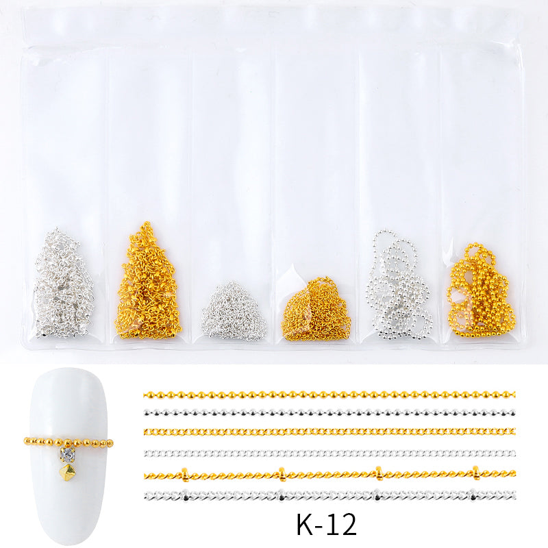 NDE003  ForLife Gold Silver Punk Metal Nail Art Chain DIY Steel Ball Decorations Pearl 3D Nail Jewelry Accessories