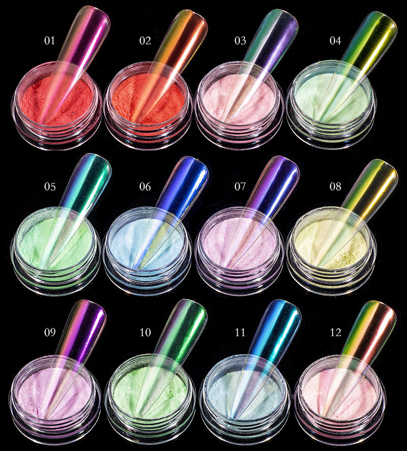FNP106  New Arrived 12 Color/set Rainbow Effect Transparent Aurora Nail Pigment Powder For Nail Art Decoration