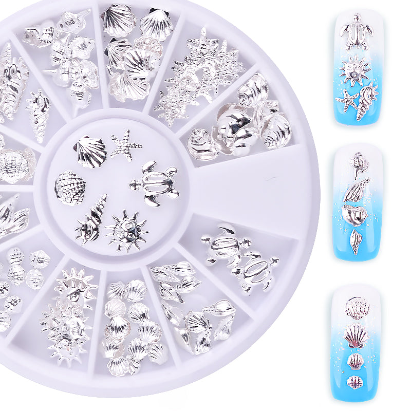 NAW010  Metal Rivet Ocean Series Silver Starfish Shell 3d Metal Hollow Nail Art Stud Decoration Manicure Nail Wheel