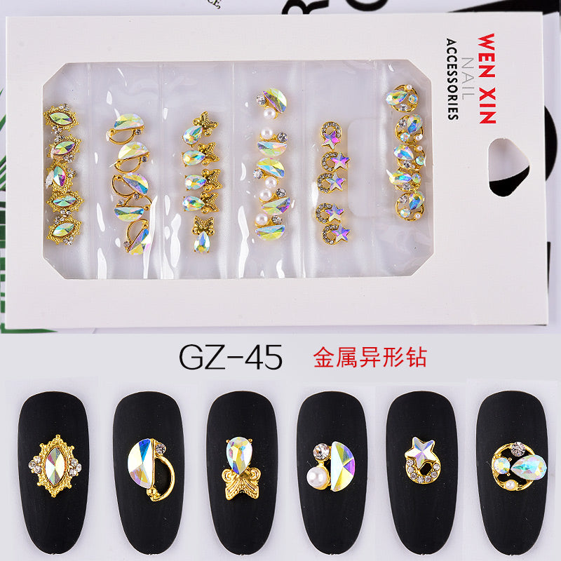NDE013  ForLife 6 Grid Pack Flatback Nail Art Rhinestones Zircon Resin Flower Alloy Chain 2 Sections Nail Decorations tools