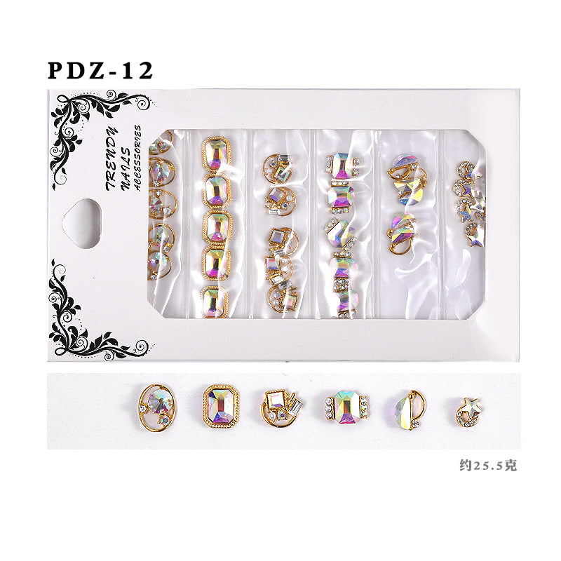 NDE008  ForLife 6 Grid Pack Flatback Nail Art Crystal Rhinestones Decorations 3d Alloy Retro Nail Accessories