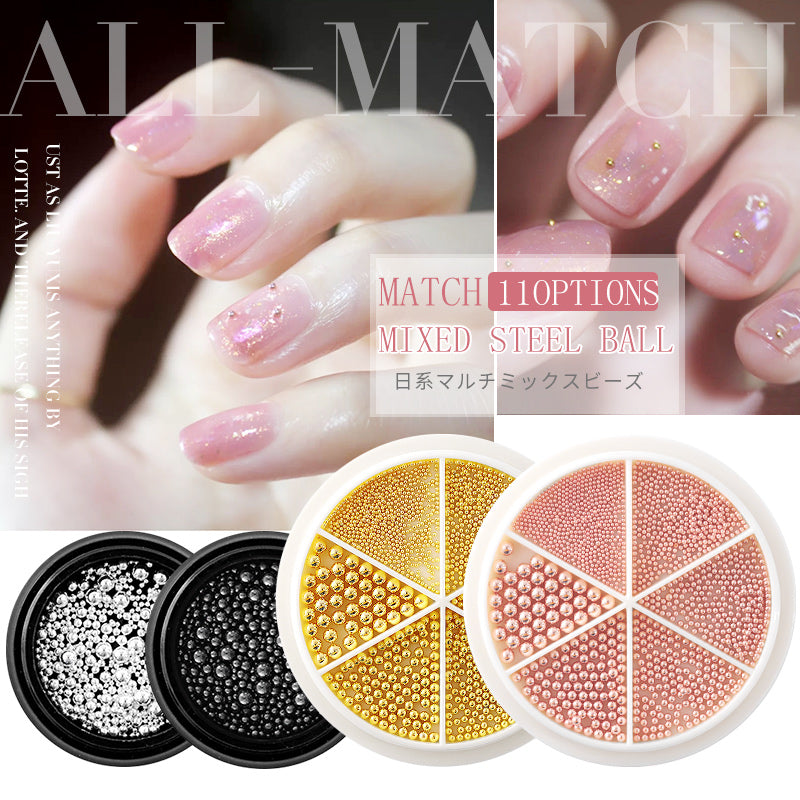 NAW004  Mixed Sizes Gold Sliver Rose Steel Caviar Beads Nail Studs 3D Metal Nail Art Decorations Wheel Manicure Tools