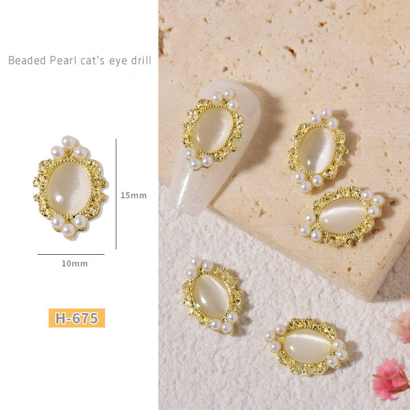 NZJ046  1pcs Cat Eyes Retro Alloy Nail Art Jewelry with Pearls 3D Opal Cat Eye Nail Stones Holographic DIY UV Gel Manicure Decorations