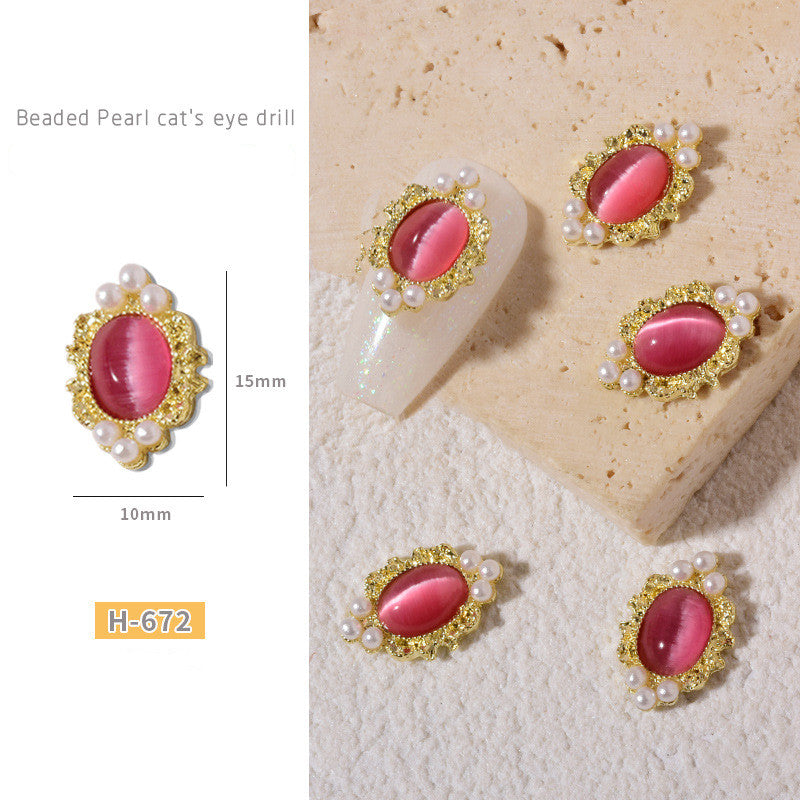 NZJ046  1pcs Cat Eyes Retro Alloy Nail Art Jewelry with Pearls 3D Opal Cat Eye Nail Stones Holographic DIY UV Gel Manicure Decorations