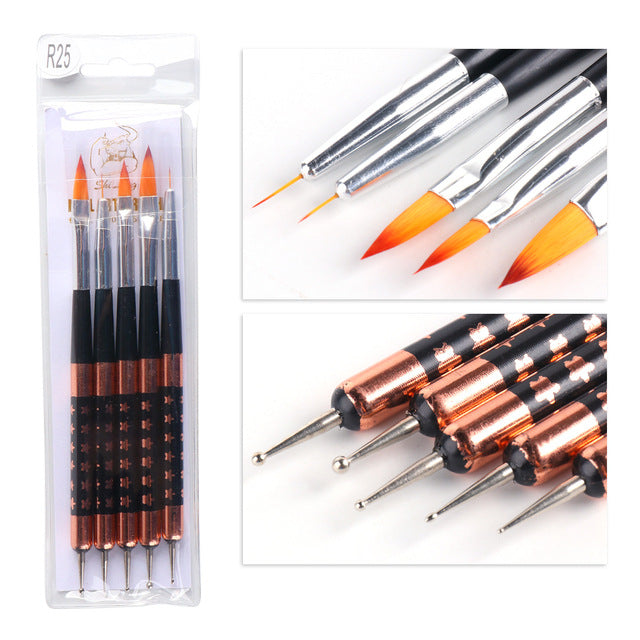NBR044  Nail art tool brush 5pcs/pack multi-functional nail drawing line color pen carving flower painting pen