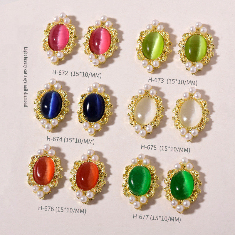 NZJ046  1pcs Cat Eyes Retro Alloy Nail Art Jewelry with Pearls 3D Opal Cat Eye Nail Stones Holographic DIY UV Gel Manicure Decorations