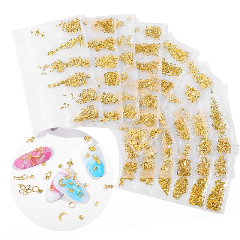 NDE007  ForLife 6 Grid Pack Hollow-out Metal Frame Patch DIY Nail Art Decorations 3d Alloy Star month Rivet Retro Nail Accessories
