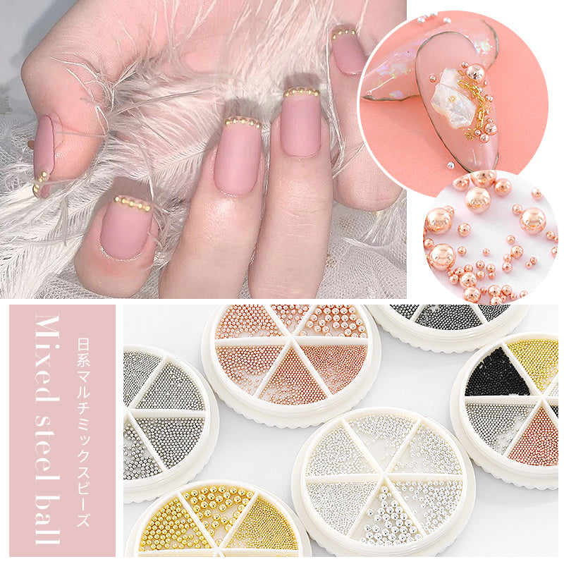 NAW004  Mixed Sizes Gold Sliver Rose Steel Caviar Beads Nail Studs 3D Metal Nail Art Decorations Wheel Manicure Tools
