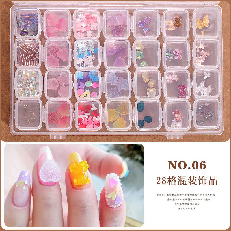 FDMD006 Assortment of 28 Nail Art Accessories, Pearl Rivets, Steel Beads, Shells, Gold and Silver Foil, Nail Shop Jewelry Box